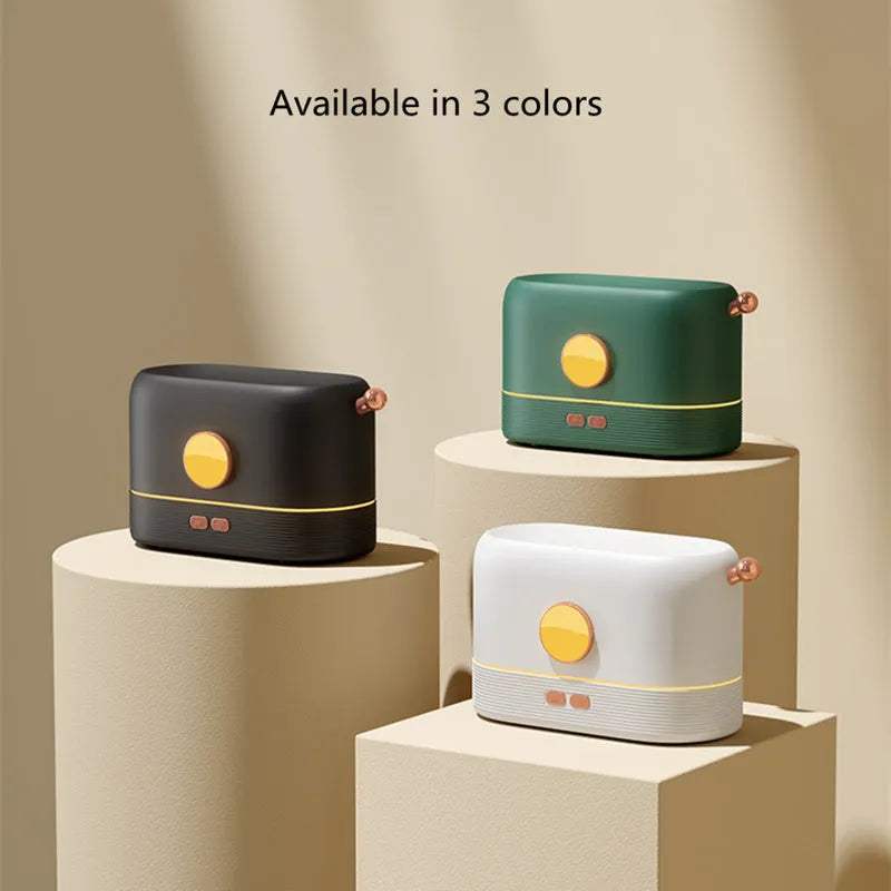 USB desktop humidifier with simulation flame effect and 200ml water tank in black, green or white colours