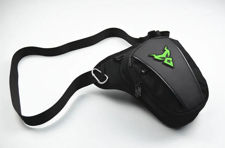 Motorcycle rider's leg bag in 1200D Oxford cloth, shown in red, blue, green, and grey colour options.