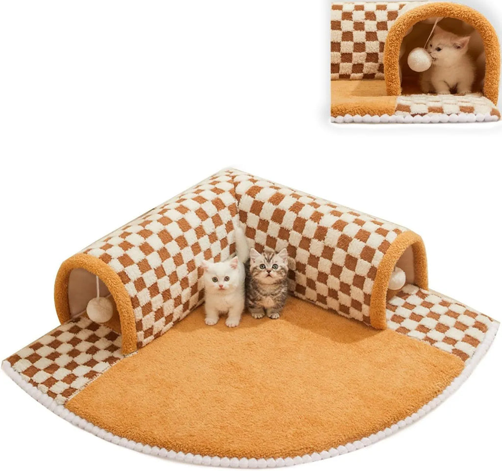 Brown plush plaid cat tunnel bed with central mat showing collapsible design and non-slip bottom