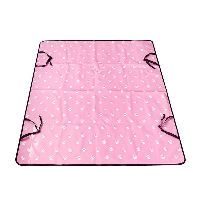 Car pet mat for rear seats in water resistant cloth with dog footprint design protecting vehicle upholstery