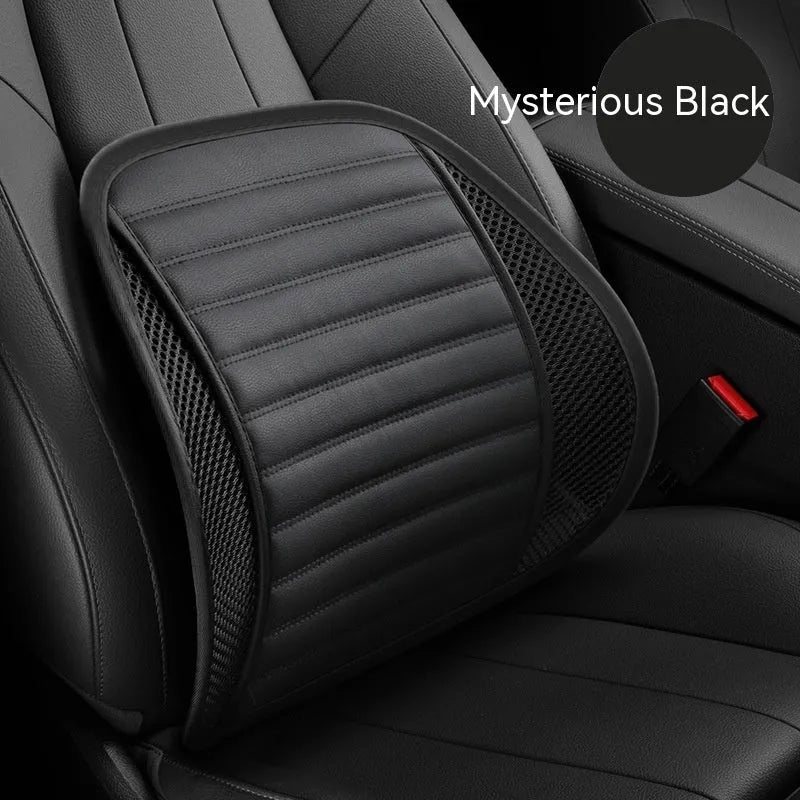 Leather lumbar support cushion with removable memory foam pad in sapphire blue colour on a car seat.