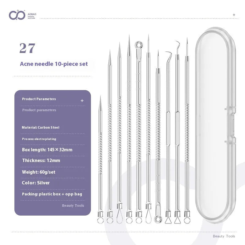 Four metal acne needles with ultra fine pointed tips for blackhead removal and skincare treatment