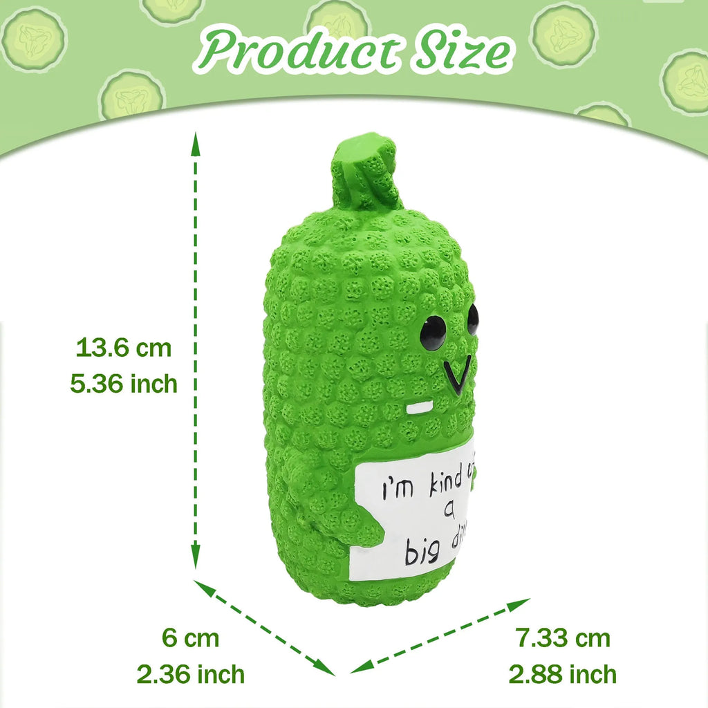 Green latex pickle-shaped dog chew toy with textured nubs and a squeaker.