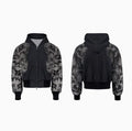 Three-piece streetwear co-ord set showing hoodie, loose trousers and seven-inch shorts with printed collage design
