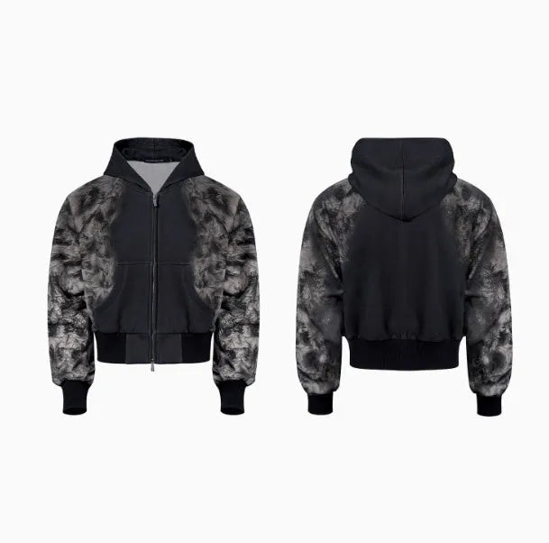 Three-piece streetwear co-ord set showing hoodie, loose trousers and seven-inch shorts with printed collage design