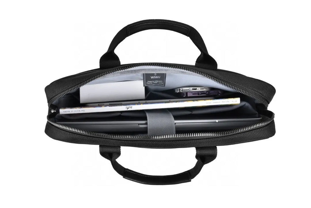 Black Oxford cloth laptop backpack showing multi-pocket interior and a lock on the front.