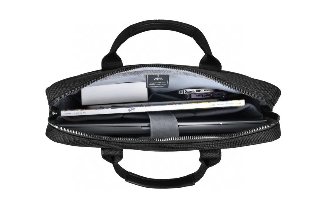 Black Oxford cloth laptop backpack showing multi-pocket interior and a lock on the front.