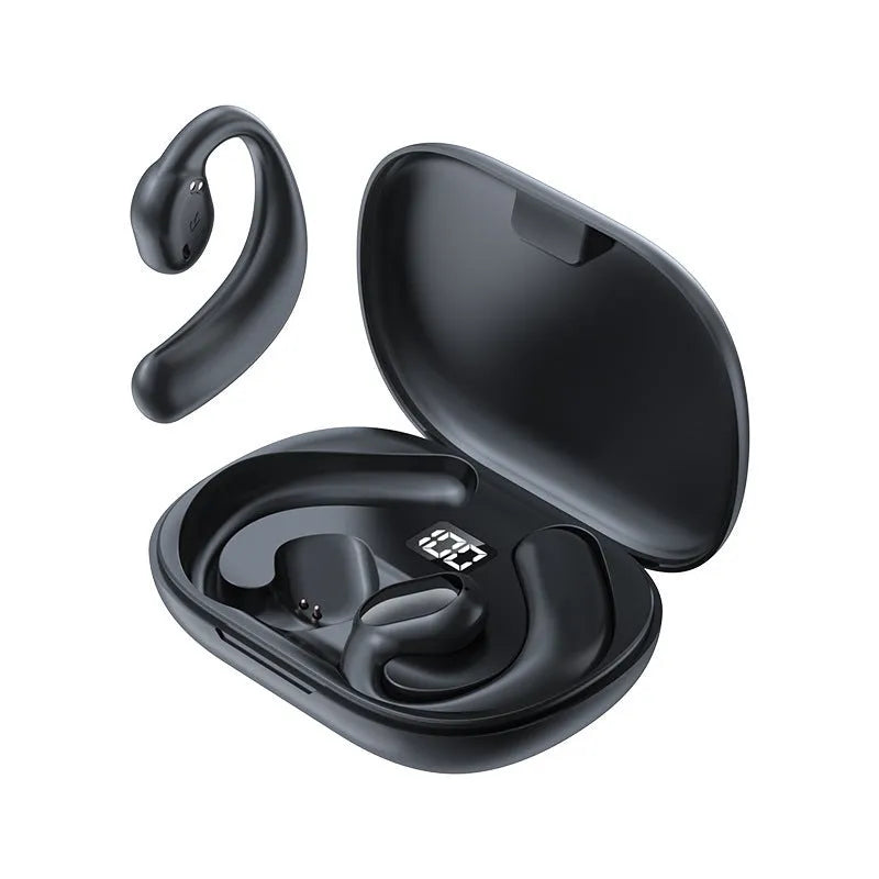 Black and white ear-mounted Bluetooth headset with digital display screen and breathing light indicator