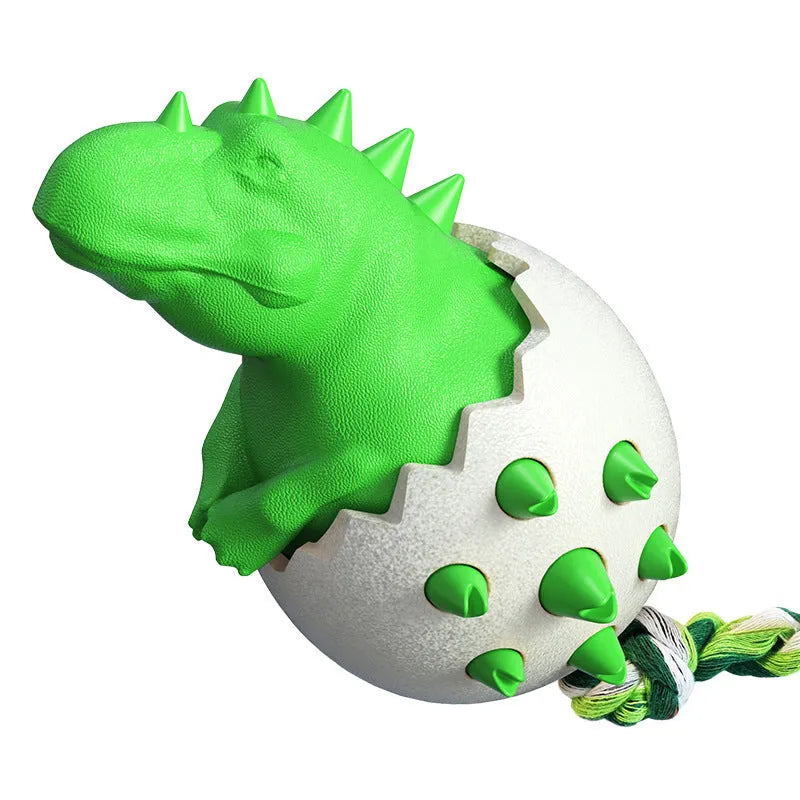 Blue durable dinosaur-shaped dog chew toy with an integrated rope and textured surface for dental care.