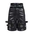 Black men's PU leather cropped shorts with a ring detail on the leg, shown on a model.