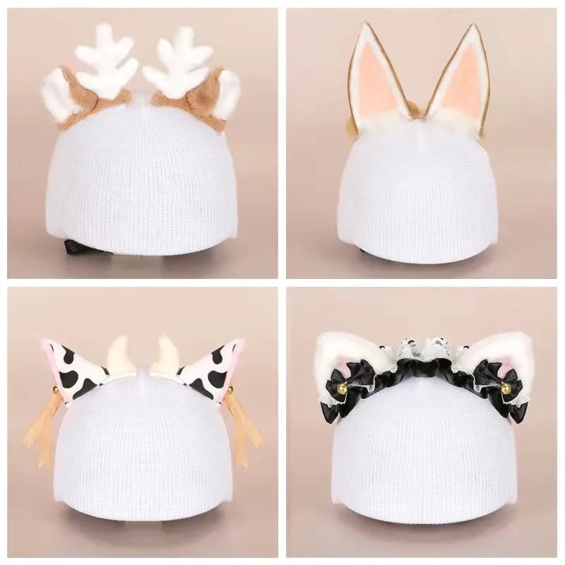 Colourful plush cartoon hat decoration sitting on top of a ski helmet
