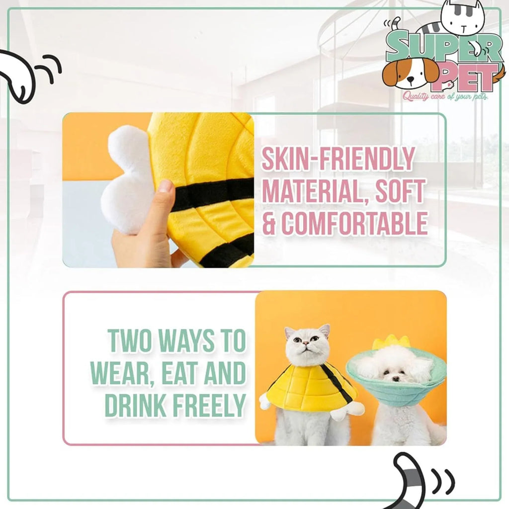 Soft cat cone collar with black and yellow bee design and Velcro strap