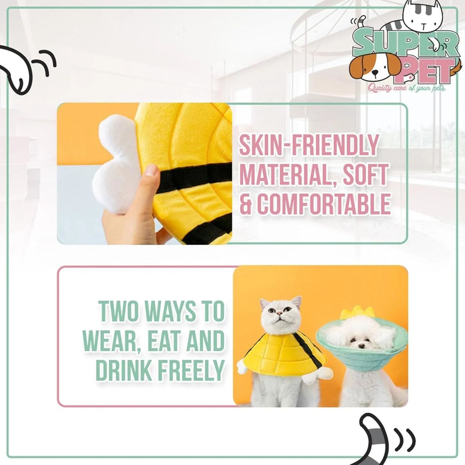 Soft cat cone collar with black and yellow bee design and Velcro strap