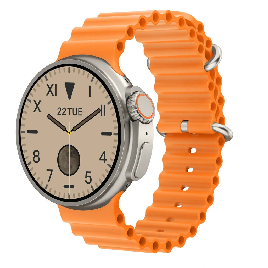 K9 smart watch with round screen showing health metrics and NFC payment capability