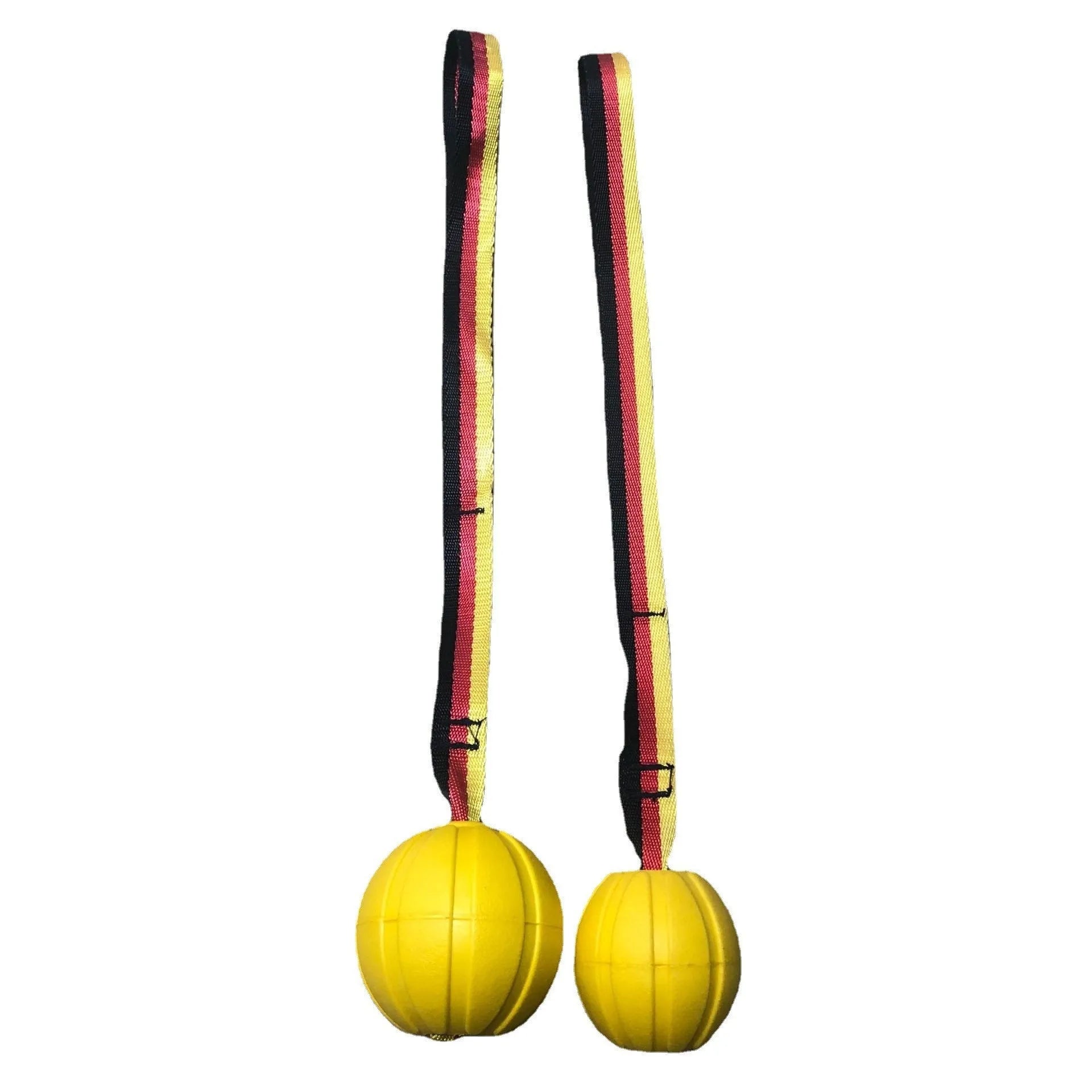 Floating EVA pet training ball in camouflage or yellow colours with attached string, shown in 6.5cm, 7cm, and 9cm diameter sizes