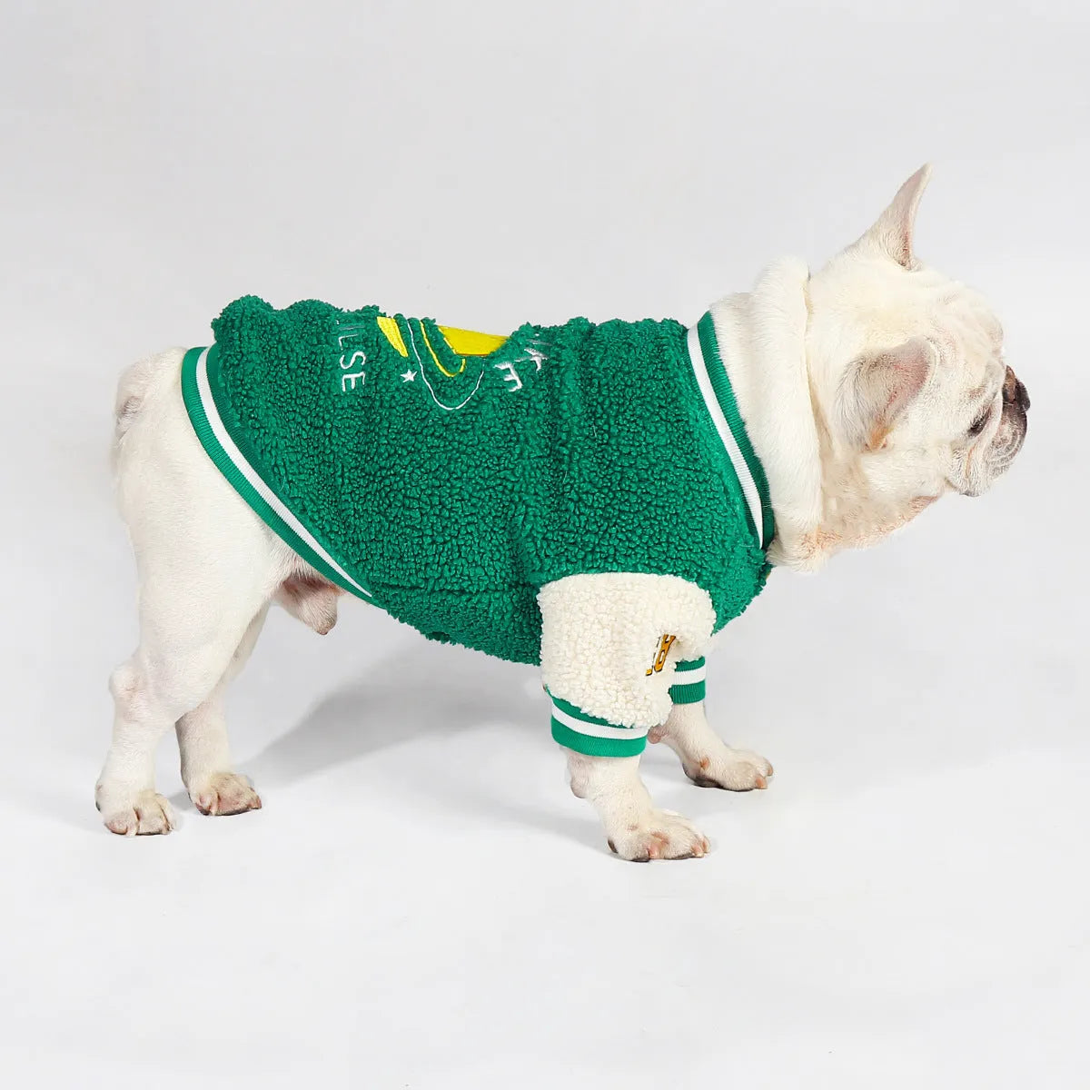 Green fleece-lined cotton winter dog clothing shown on medium to extra large breed