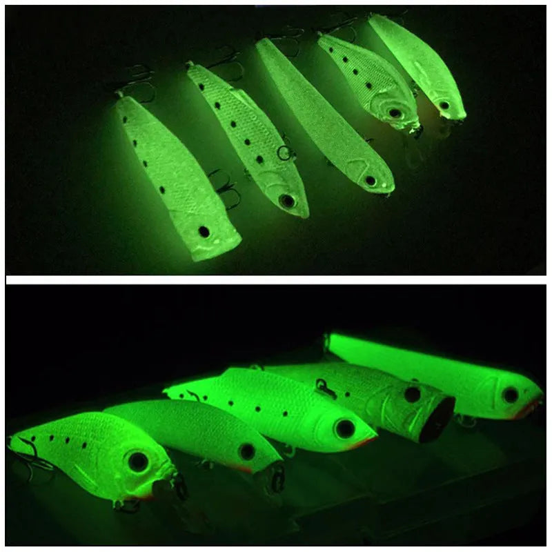 Set of five 3D fluorescent simulation hard bait fishing lures with luminous properties for predator fishing