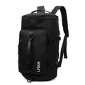 Waterproof nylon gym backpack showing shoe compartment, multiple pockets, and combination lock in blue colour
