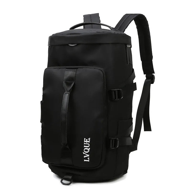 Waterproof nylon gym backpack showing shoe compartment, multiple pockets, and combination lock in blue colour