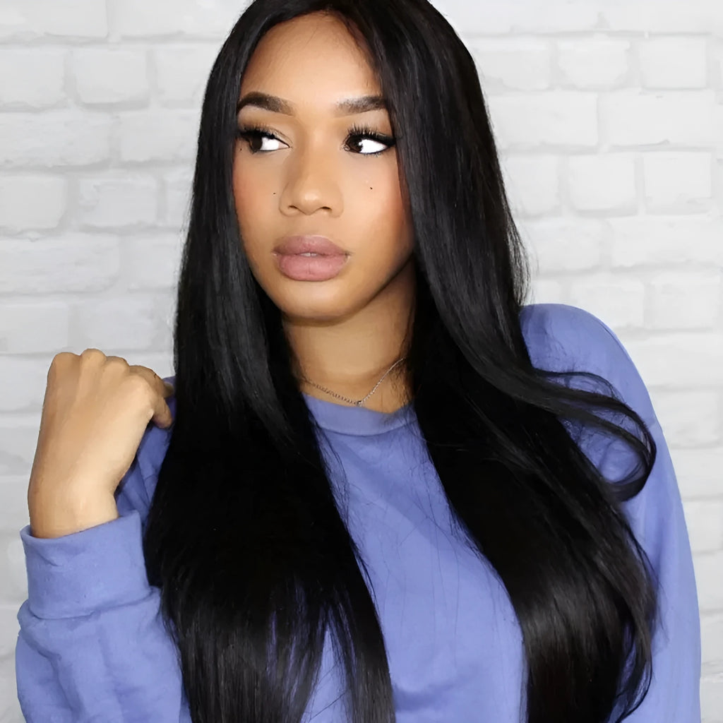 Women's long straight black wig with centre-parted bangs made from high-temperature fibre.