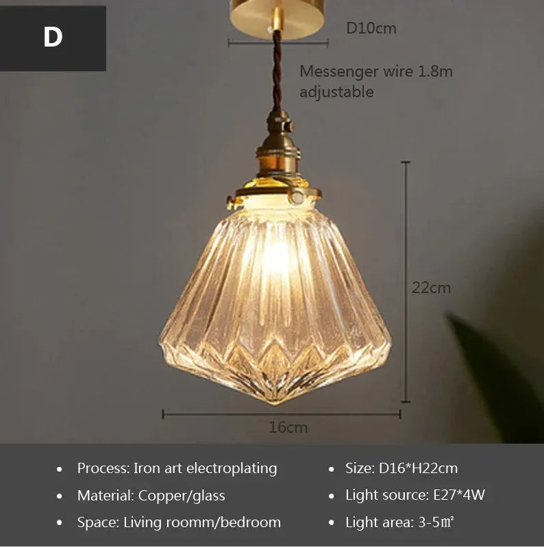 Brass and glass ball chandelier with copper body and clear spherical shade, shown in diamond colour.