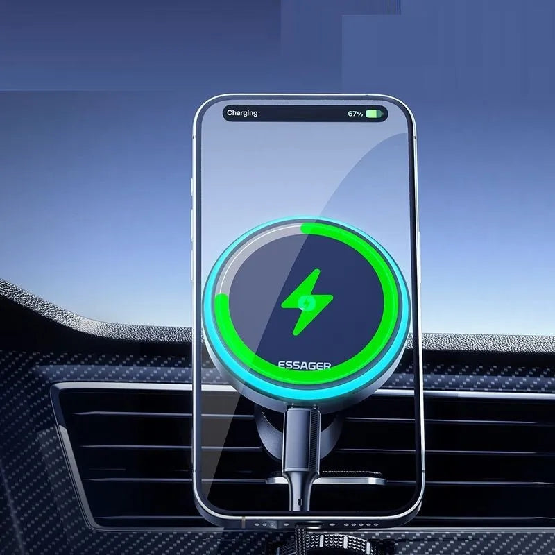 15W magnetic suction wireless charger bracket for car air outlet, Black, universal fit ABS construction