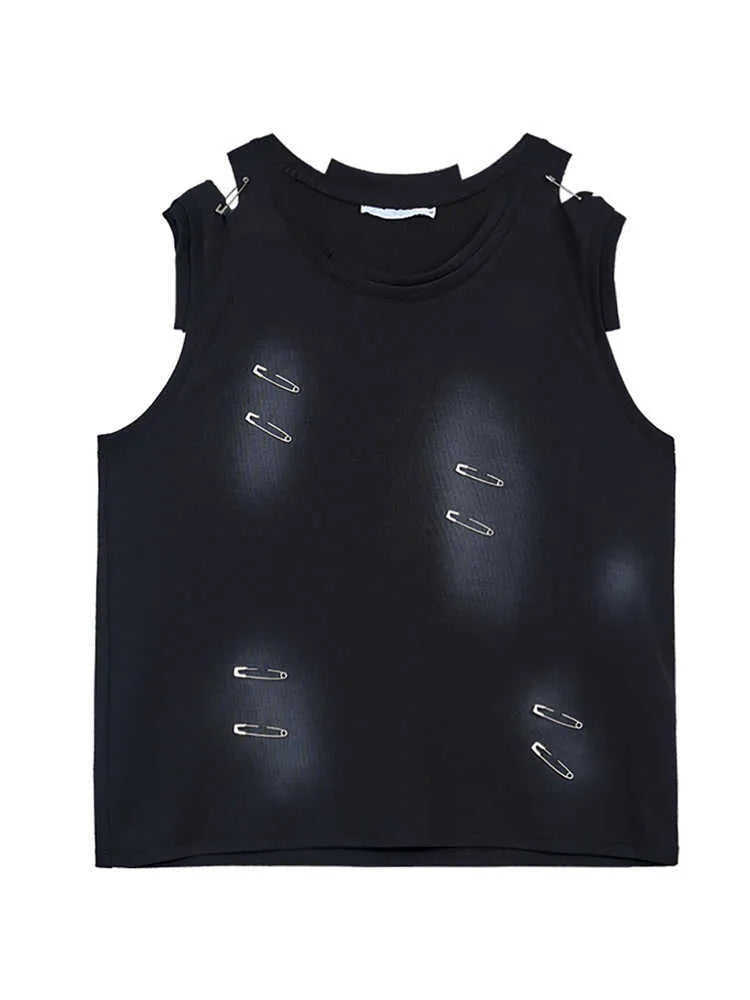 Men's black sleeveless waistcoat vest with irregular cut and ripped design detail on a hanger.