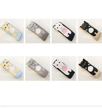 Canvas pencil case with cat cartoon design, large zipper opening, square shape, available in blue beige gray black
