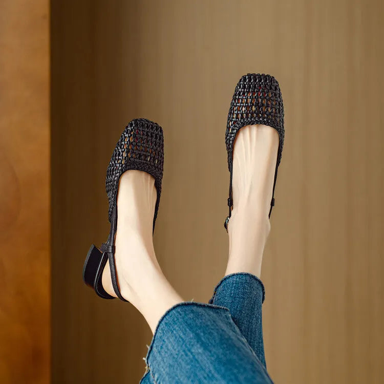 Women's black woven closed toe sandals with a square toe, buckle strap, and chunky 4cm heel.