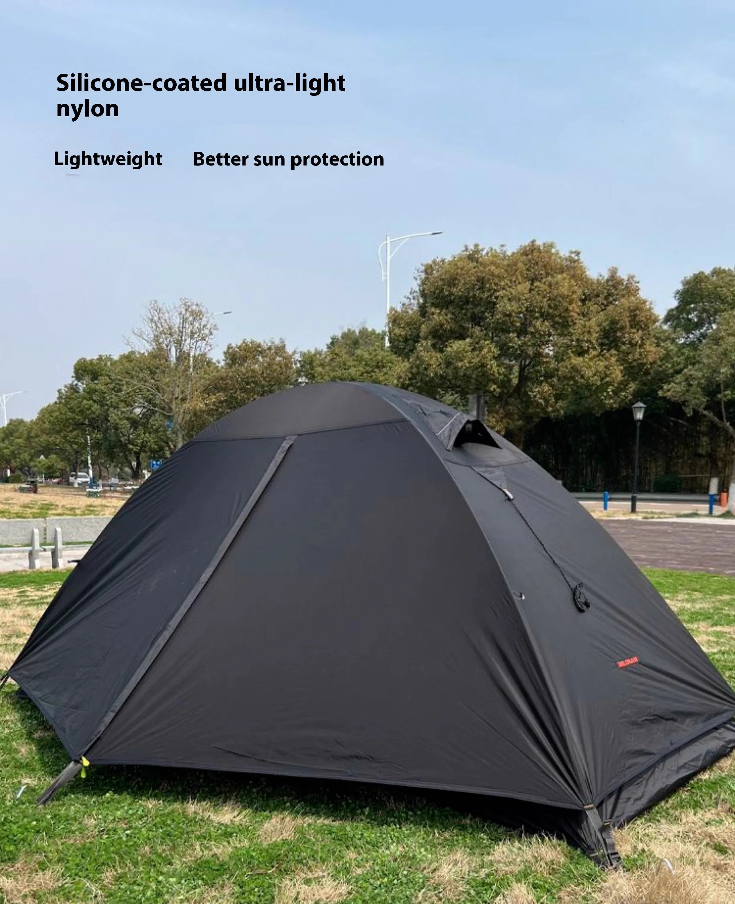 Single person tent with aluminium poles in red, black, or orange colours, showing double account design