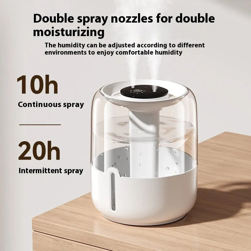 Beige round ultrasonic humidifier with USB port, dual spray nozzles, and display.