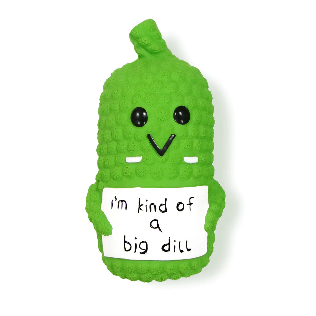 Green latex pickle-shaped dog chew toy with textured nubs and a squeaker.