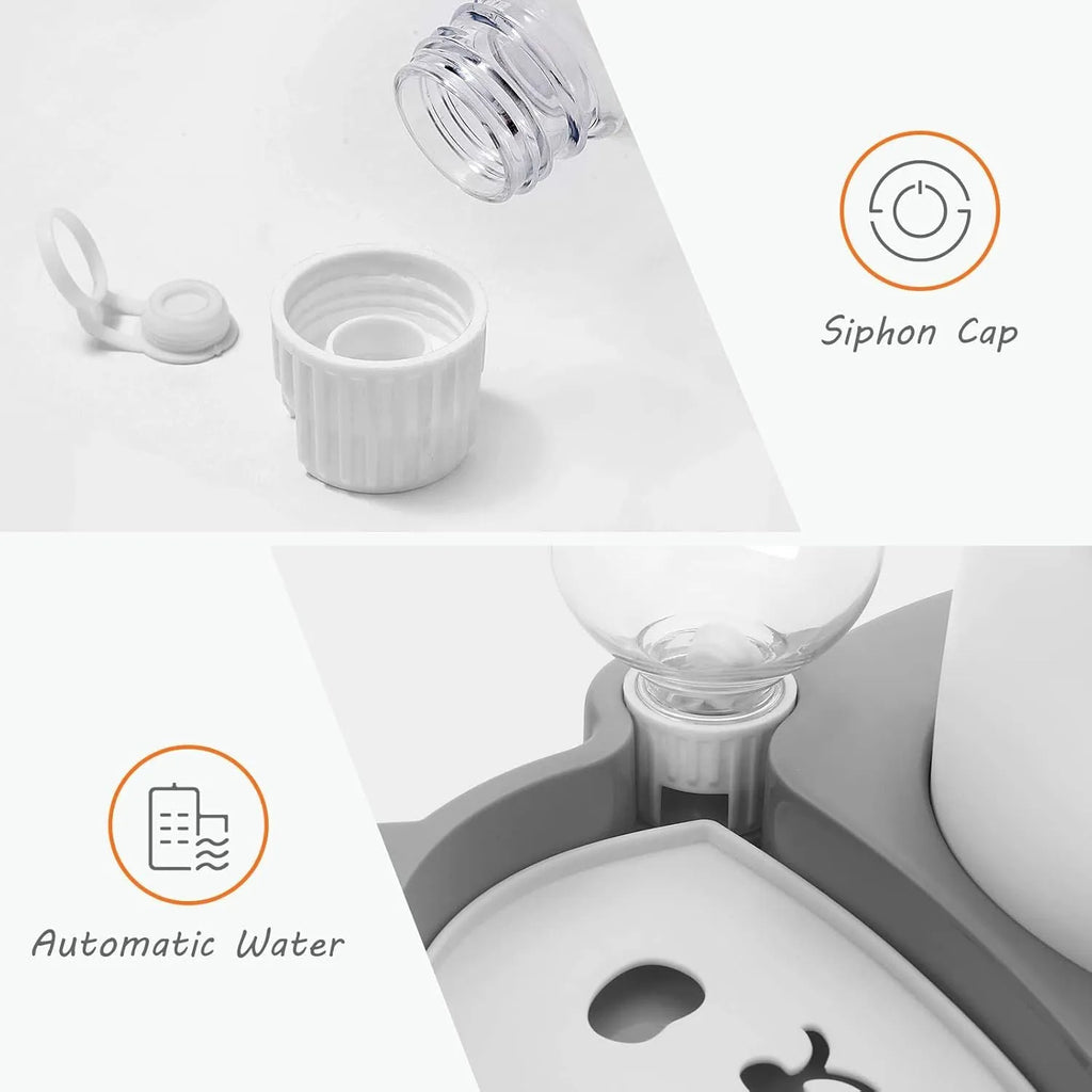 Grey and green panda-shaped automatic water dispenser with tilted stainless steel pet bowls.