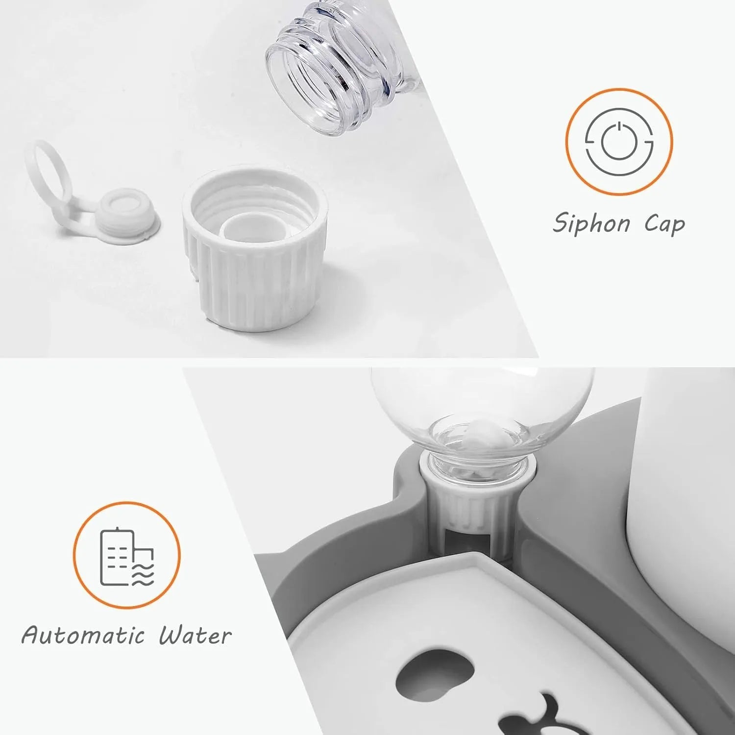 Grey and green panda-shaped automatic water dispenser with tilted stainless steel pet bowls.