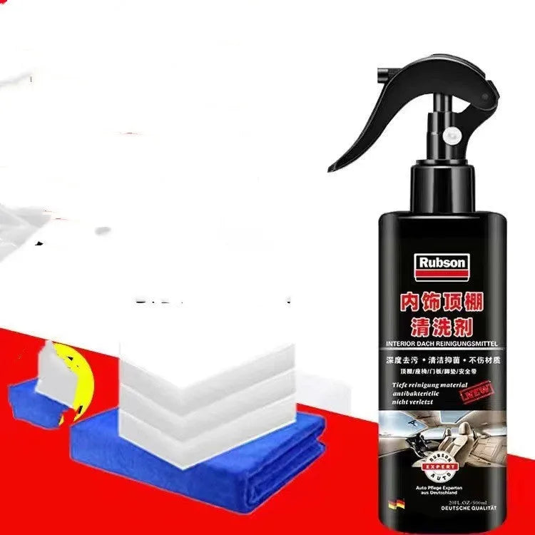Wash free fabric roof foam cleaner bottle with towel and sponge wipes for ultrasonic ceiling cleaning.