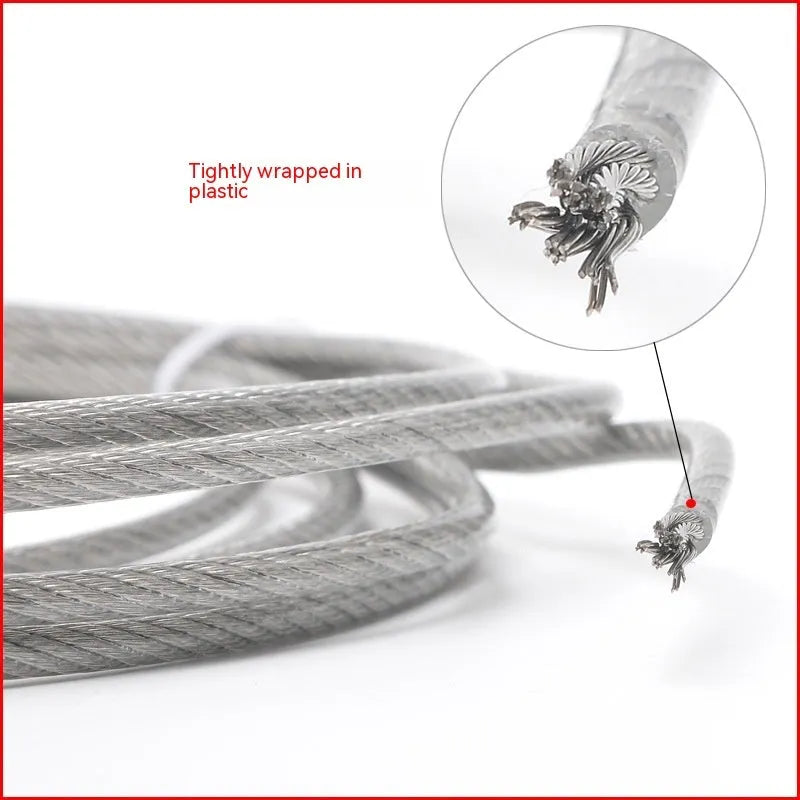 Coiled 304 stainless steel multi-strand security wire rope on a white background.