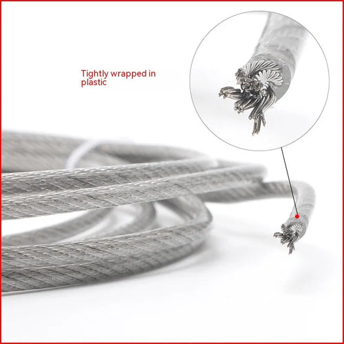 Coiled 304 stainless steel multi-strand security wire rope on a white background.