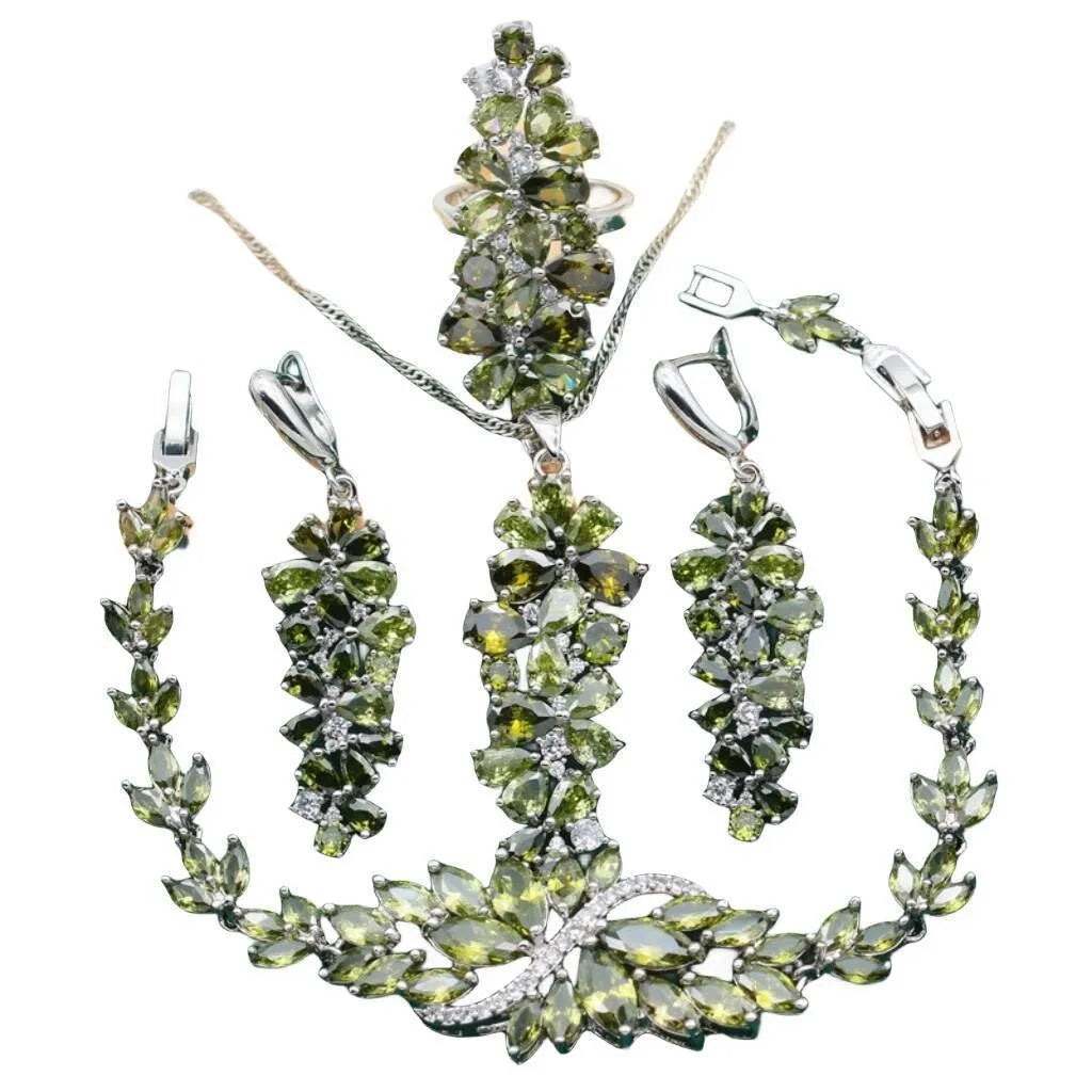 Retro jewellery set with plant pattern design showing necklace, bracelet, earrings, and ring in alloy and copper zircon