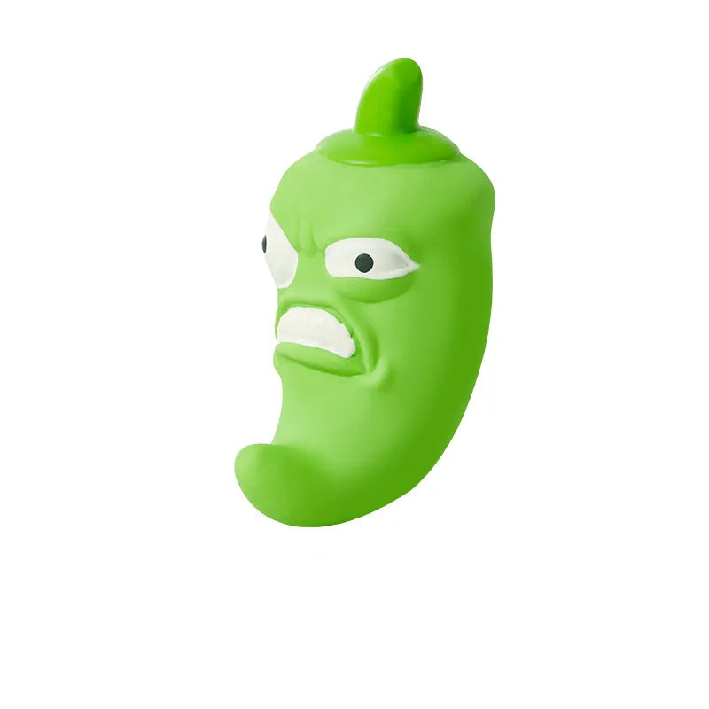 Dog chew toy shaped like bitter melon or chili with textured cleaning ridges and sound activation feature