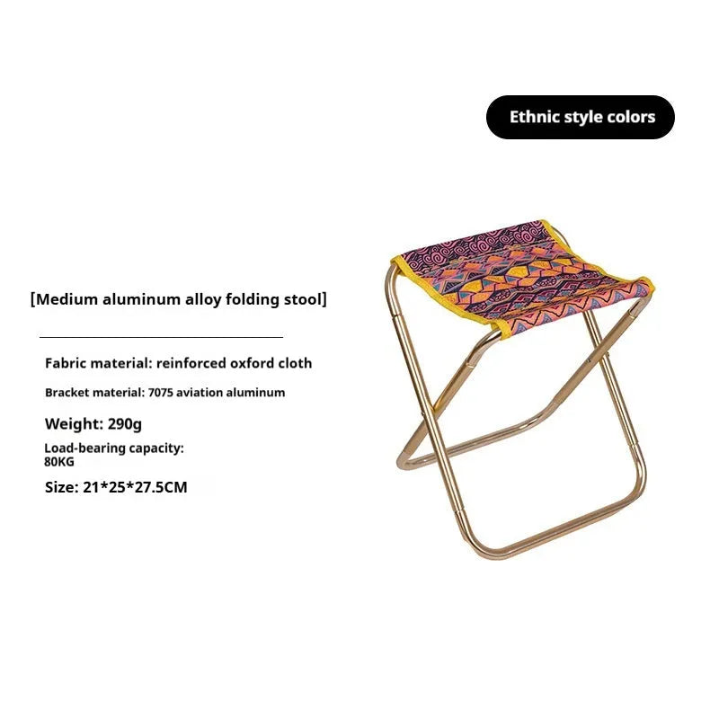 Black folding camping stool with aluminum alloy frame, shown in folded and unfolded positions.