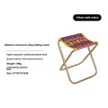 Black folding camping stool with aluminum alloy frame, shown in folded and unfolded positions.