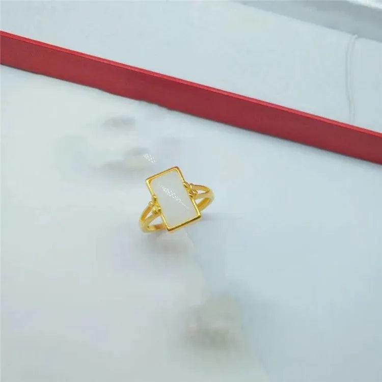 Adjustable brass gold-plated ring with artificial gemstone inlay in national style design