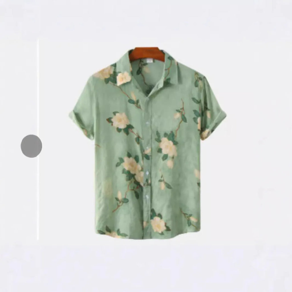 Man's short sleeve Hawaiian floral print shirt with a cardigan lapel, shown in one of 17 available colours.