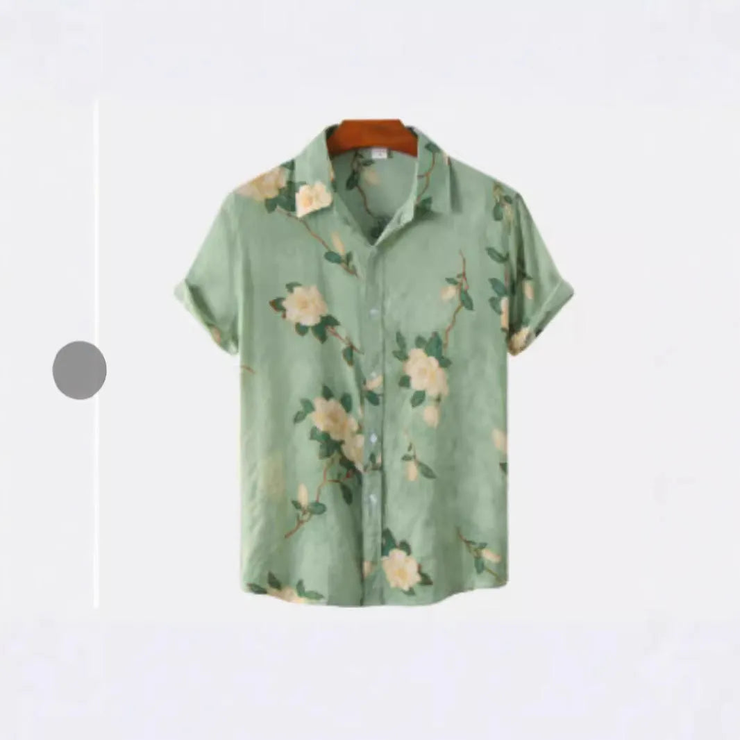 Man's short sleeve Hawaiian floral print shirt with a cardigan lapel, shown in one of 17 available colours.