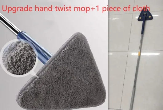 Extendable triangle mop with rotating blue head and stainless steel pole for cleaning corners and walls