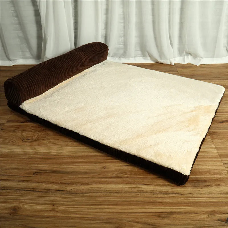 Corduroy dog bed sofa showing coffee colour option with non-slip base and four size variations