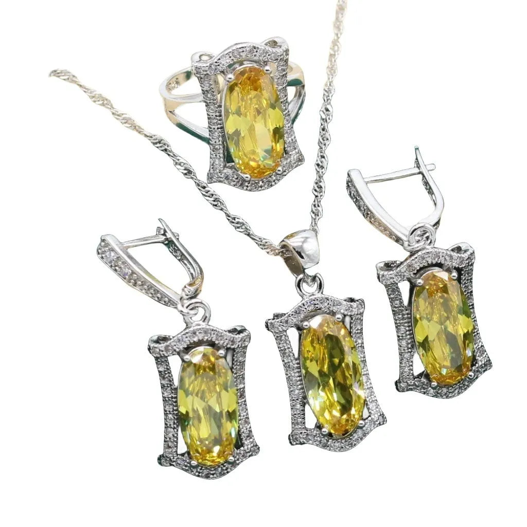 Anti-allergy zircon jewellery set with necklace, earrings, ring, and bracelet in yellow or olive colours