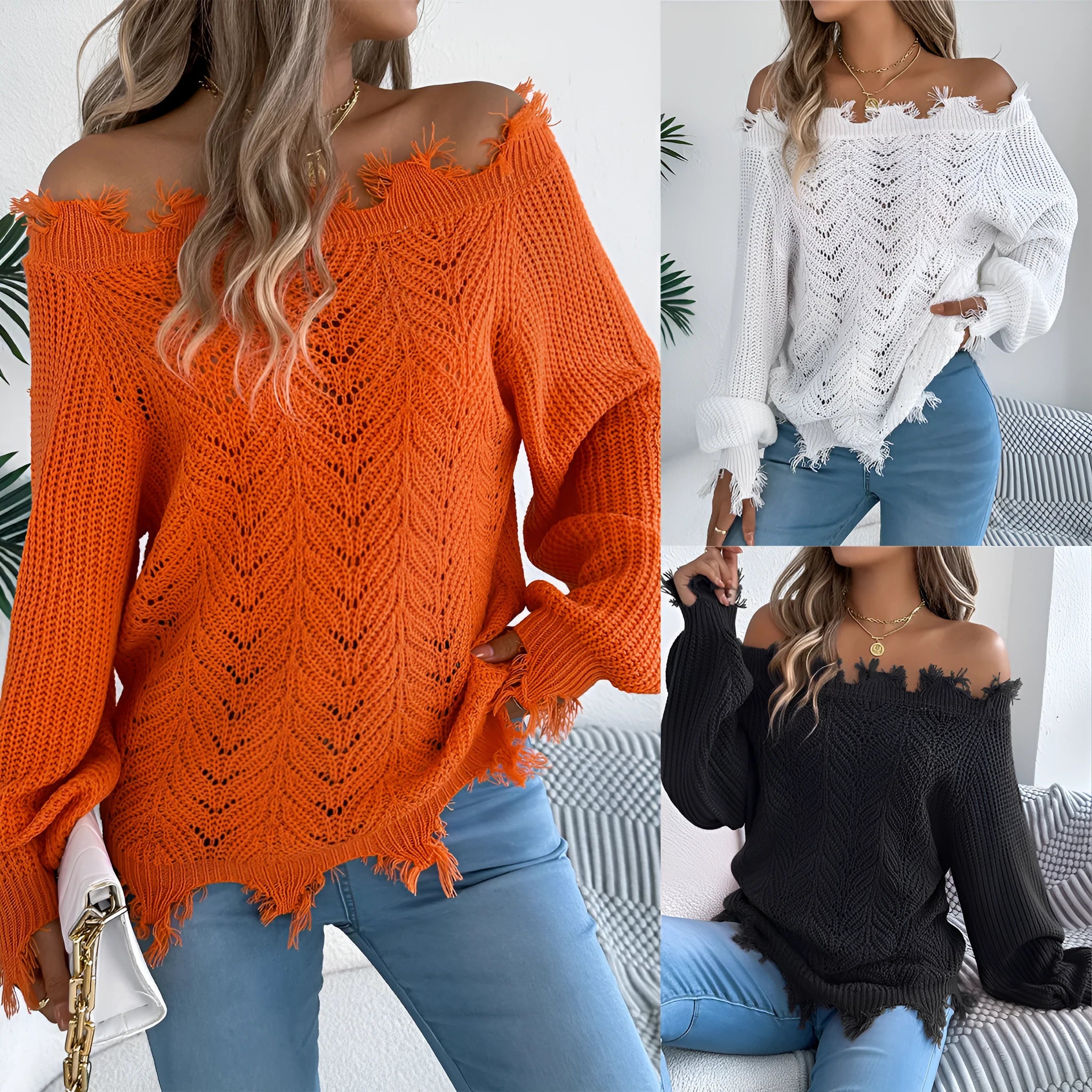 White hollow-out cut off-the-shoulder pullover sweater with long sleeves on a hanger.