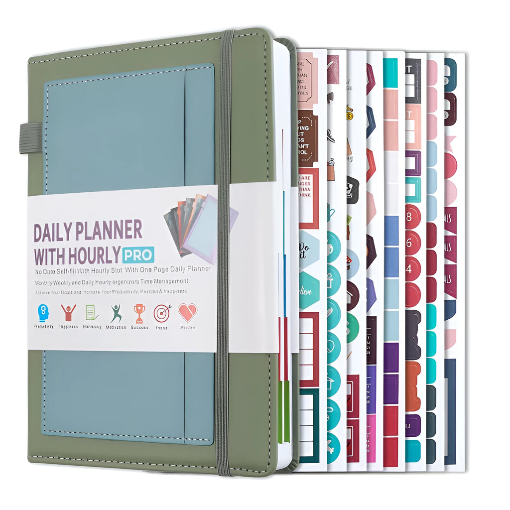 A5 no-date notebook with soft PU cover shown in purple, green, grey, black, pink, and orange, with planning stickers