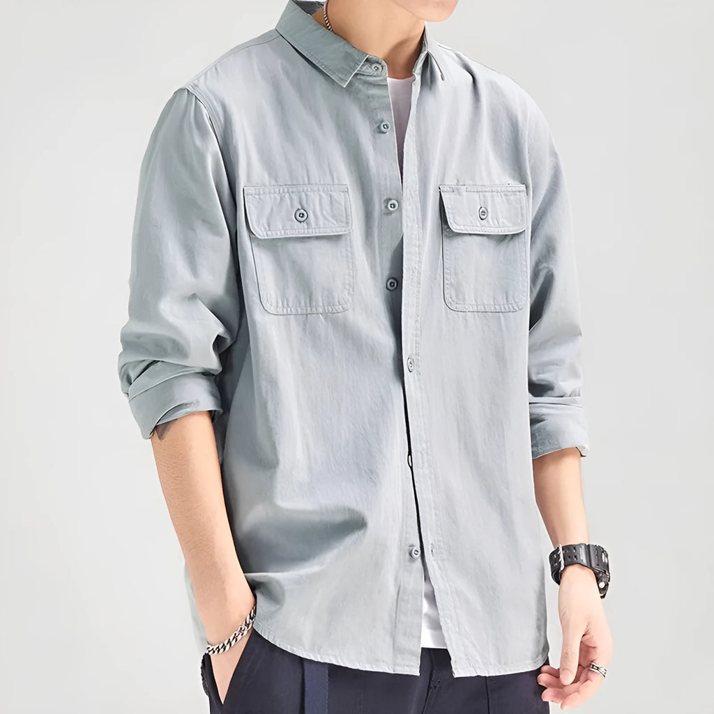 Men's long sleeve loose fit cardigan-style shirt overalls in four colour options